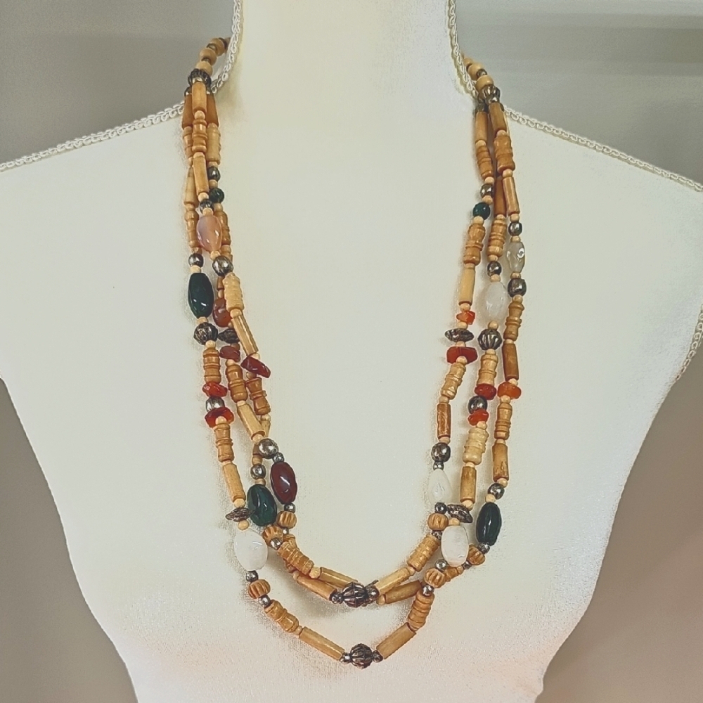 Vtg Boho Multi-Color Glass & Wood Bead Necklace, Natural Tones